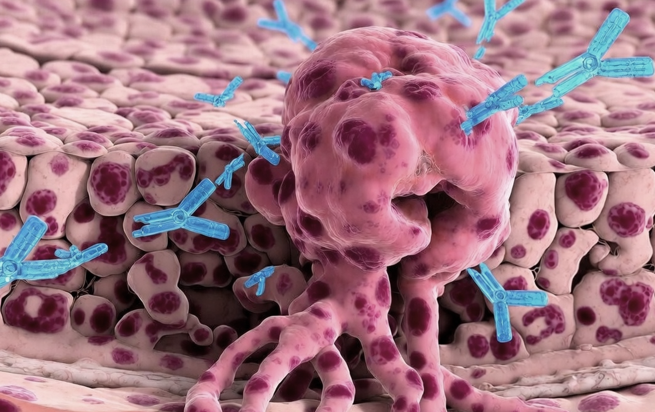 3D illustration of antibodies (blue Y-shaped structures) binding to and attacking a cervical cancer cell surrounded by healthy tissue cells