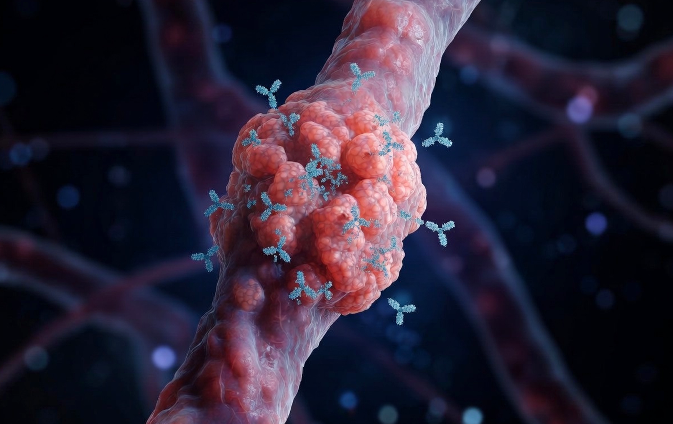 3D illustration of antibodies (blue Y-shaped structures) binding to an ovarian cancer cell or tumor mass, depicting targeted immunotherapy attacking cancer cells