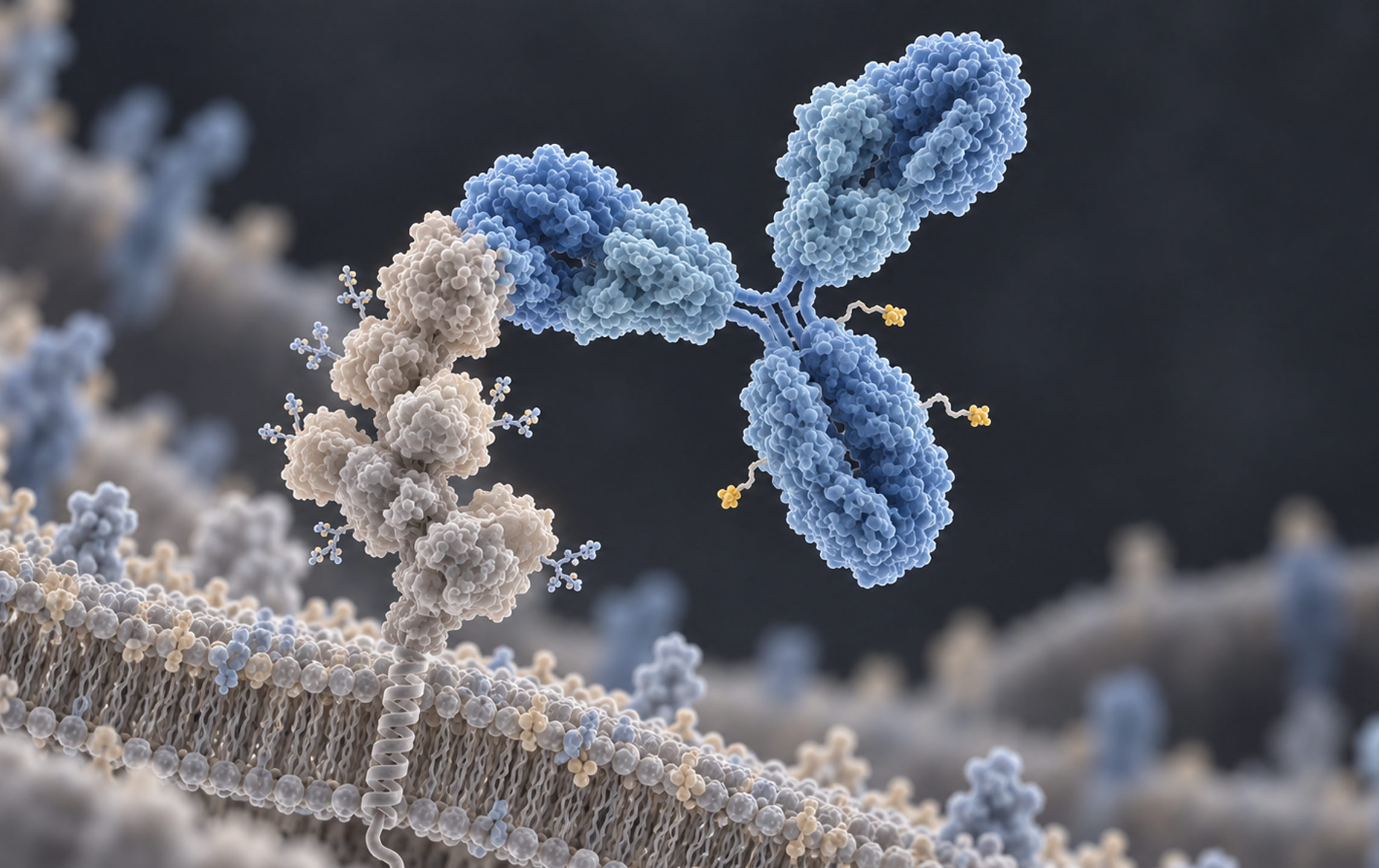 Conceptual illustration of a blue antibody carrying small gold drug payloads binding to a SEZ6 protein on a cancer cell’s surface.